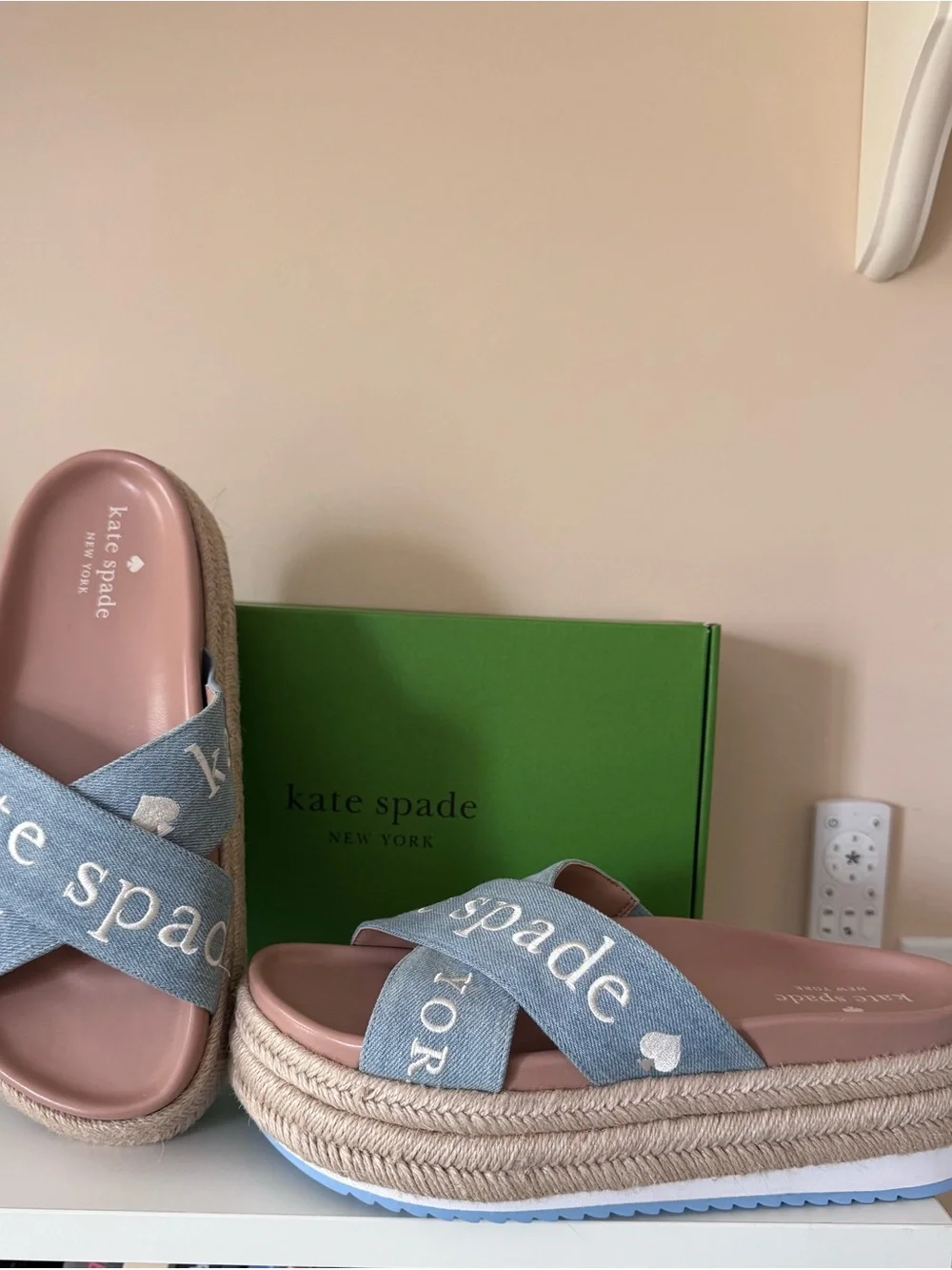 kate spade Denim Blue Cross-Strap Platform Mules with Pink Footbed size 8